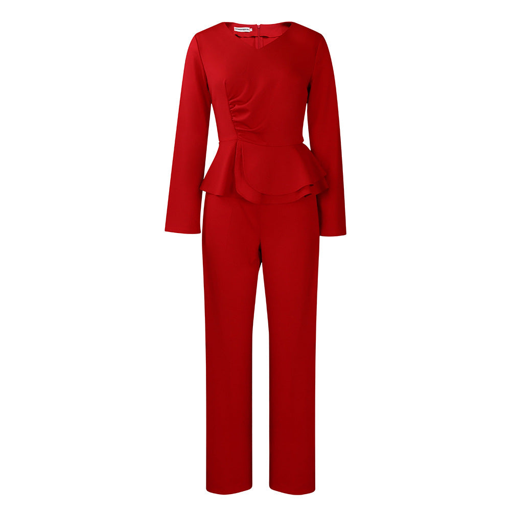 Fashion OL Ruffled V-neck Top Pants European And American Two-piece Set