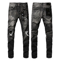 Men's Ripped Colorblock Tie-Dye Print Hip-Hop Stretch Skinny Jeans