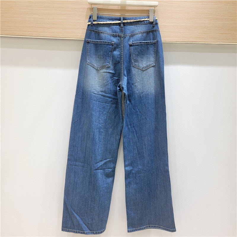 Irregular Lace Rhinestone Pearl Embellished Hollow-Out Design Women's Wide Leg Jeans