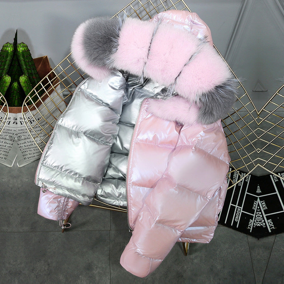 Winter Big Fur Collar Double-sided Wear Net Red Shiny Silver Jacket Female Fox Fur Down Jacket