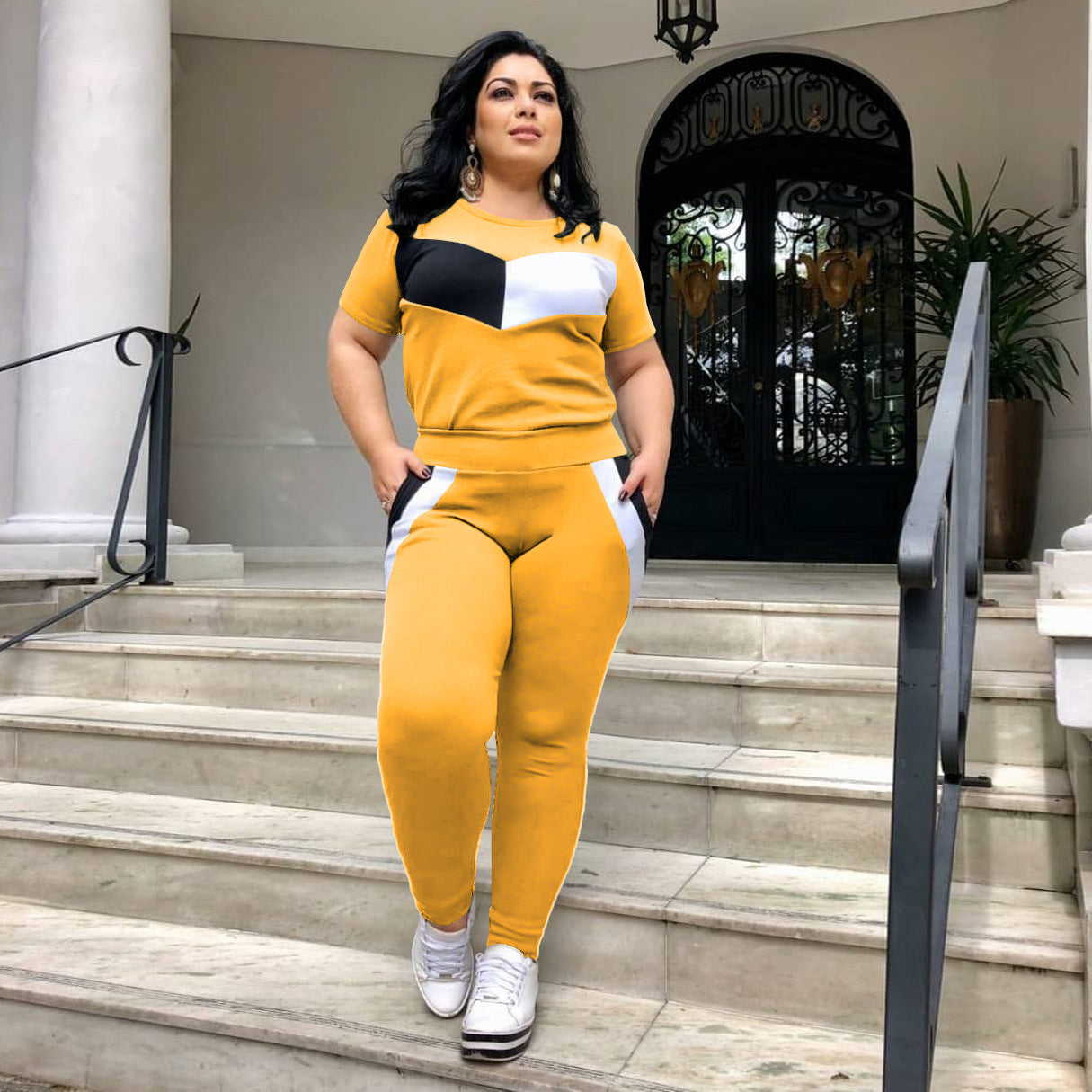 Plus Size Patchwork Short-sleeved T-shirt Trousers Suit