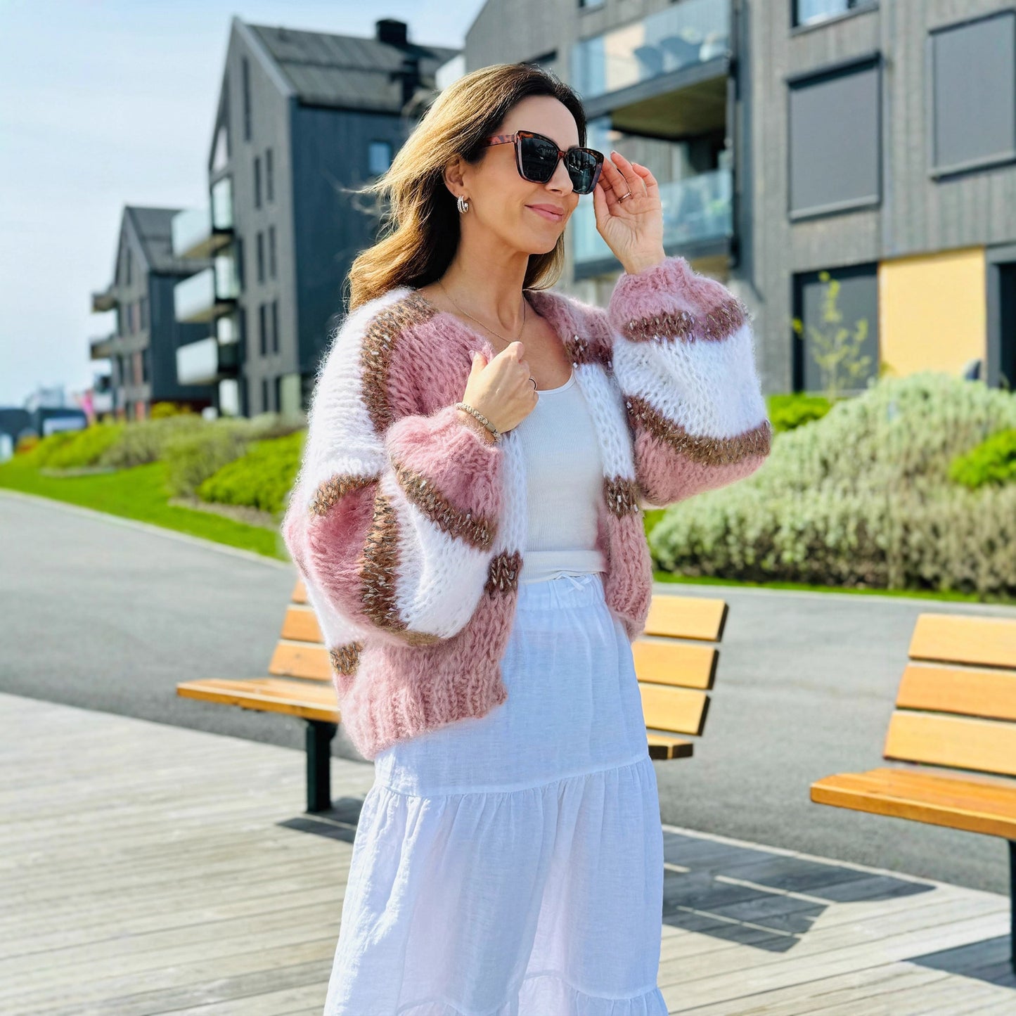 Crochet Colorblock Striped Women's Long Sleeve Cardigan Sweater