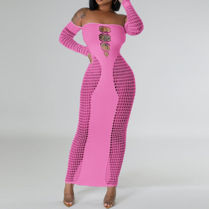 Sexy Lace-Up Solid Color Off-the-Shoulder Long Sleeve Hollow-Out Skinny Knitted Swimsuit Cover-Up/Maxi Dress