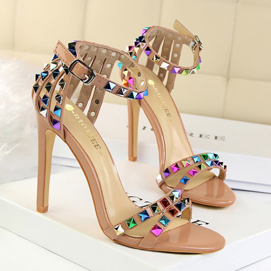 Open Toe Cut-Out Rainbow Tassel Fringe Buckle Strap Stiletto Heel Sandal Pumps