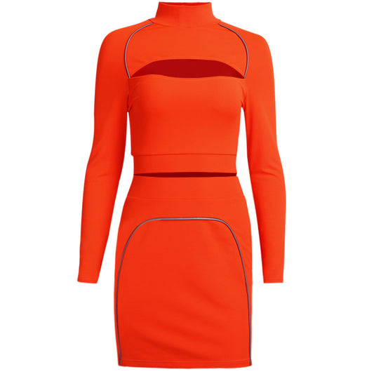 Reflective Lime Green/Orange Turtleneck Side Striped Long Sleeve Women's Hollow-Out Shirt + Mini Skirt 2-Piece Set