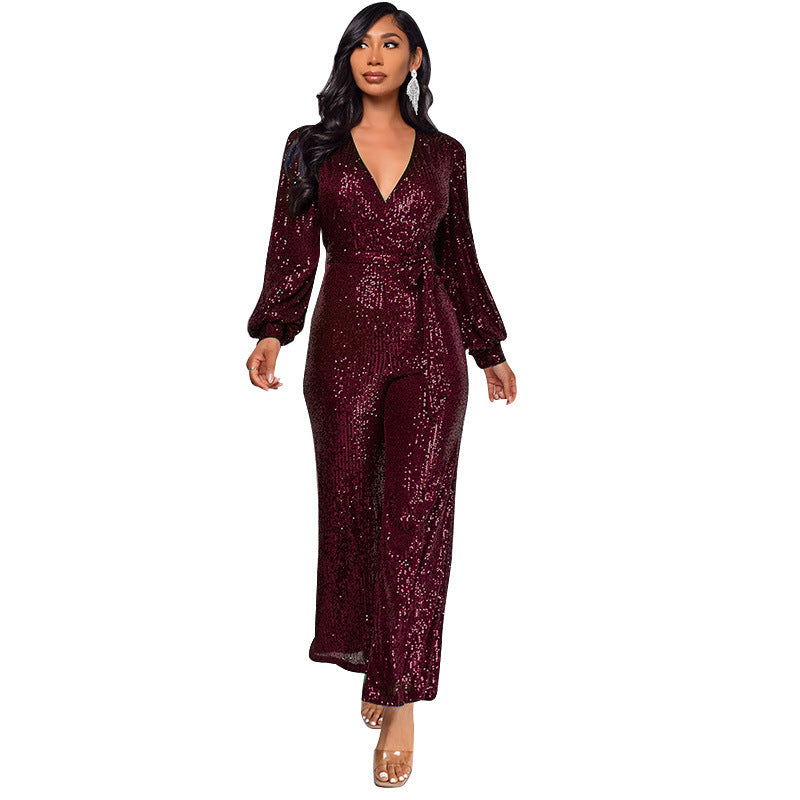 Sparkling Sequin Sash Belt Design V-Neck Long Sleeve High Waist Women's Formal Wide Leg Jumpsuit to 3X Plus Size