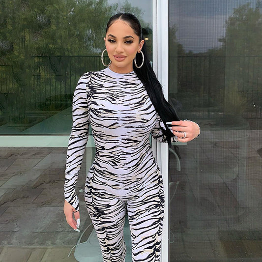 White/Black Zebra Striped Women's Skin Tight Long Sleeve Pants Jumpsuit