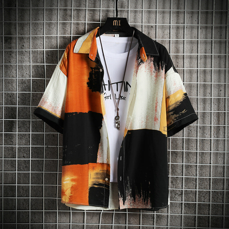 Men's Colorblock Tie-Dye Short Sleeve Turn-Down Collar Shirt