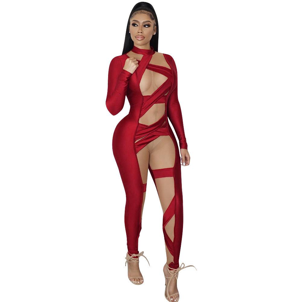 Criss-Cross Stitch Hollow-Out Women's Long Sleeve Skin Tight Jumpsuit