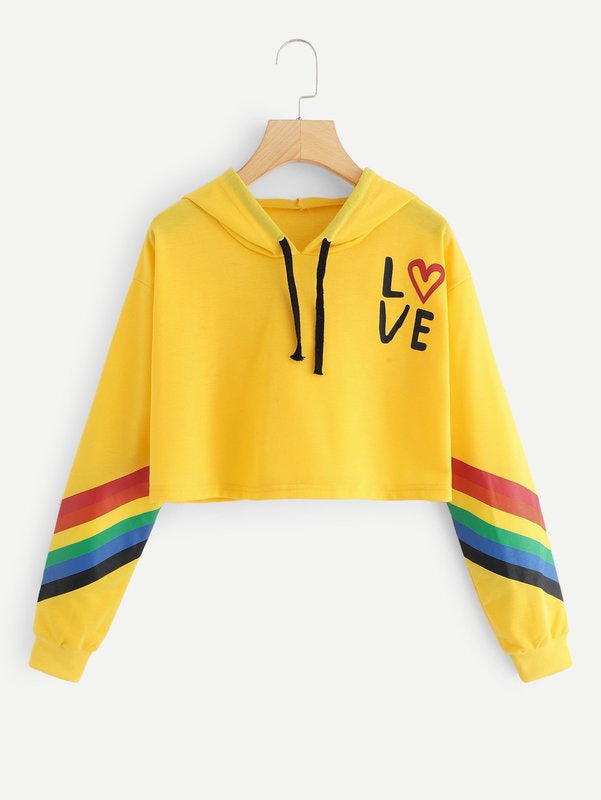 Rainbow Striped "LOVE" Heart Print Women's Cropped Long Sleeve Hoodie Sweatshirt