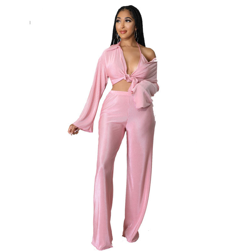 Solid Color Long Sleeve Women's Blouse + Matching Bra + Loose Pants 3-Piece Set to 5X Plus Size