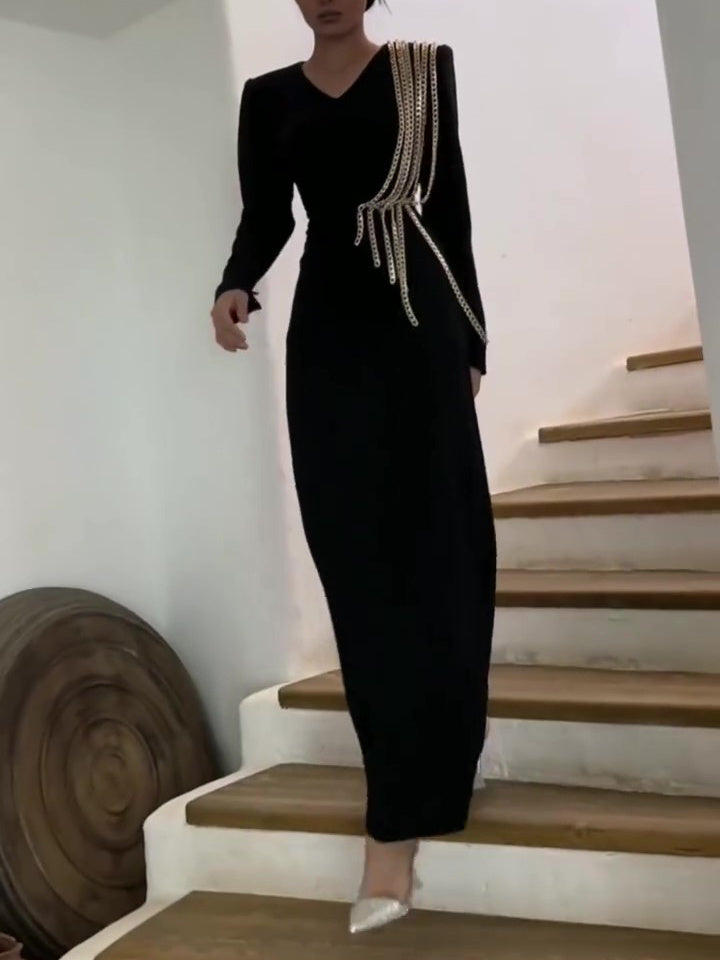 Black Long Sleeve Tassel Silver Chain Design Formal Maxi Dress