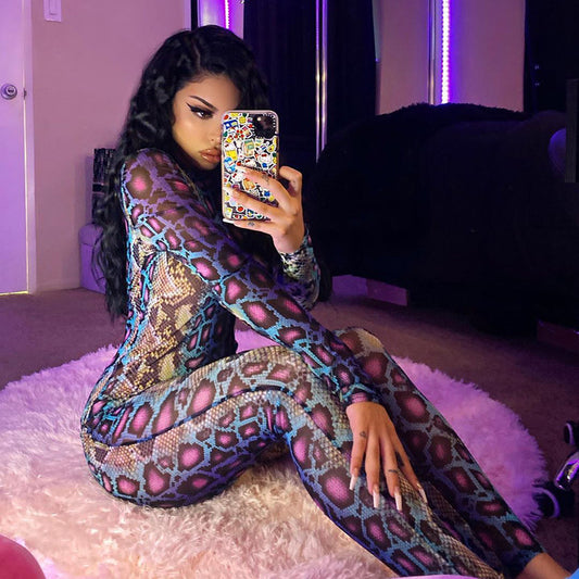 Snake Leopard Pattern Long Sleeve Skin Tight Bodycon Jumpsuit