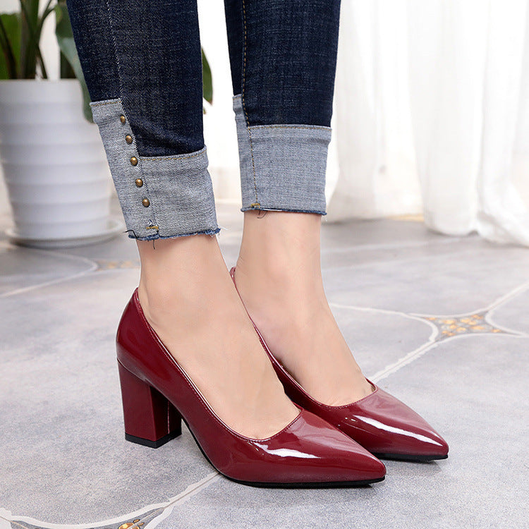 Patent Leather Solid Color Women's Pointed Toe Square Heel Pumps