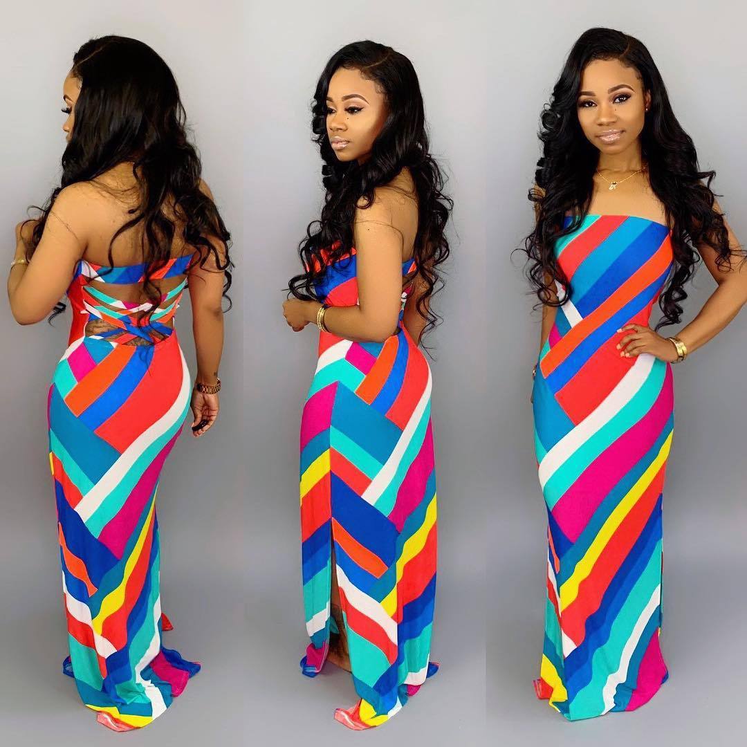 Rainbow Striped Colorblock Print Criss-Cross Back Tube Maxi Dress
