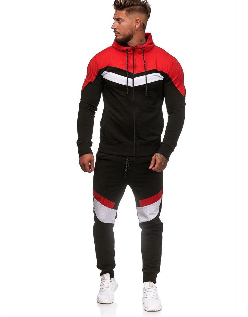 Men's Striped Colorblock Red/Black/White Hip-Hop Zipper Hoodie Jacket + Jogger Sweatpants Tracksuit