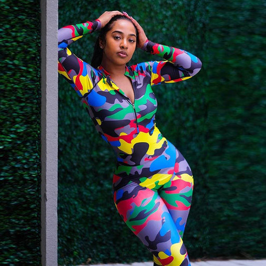 Rainbow Camoflauge Print Women's Long Sleeve Zipper Front Fitness Jumpsuit