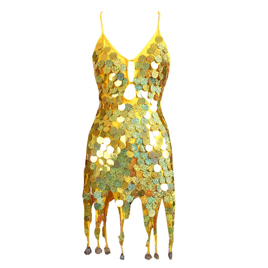 Sleeveless Metallic Sequin Hanging Tassel Design Spaghetti Strap Latin Salsa Dancer Formal Mini Dress