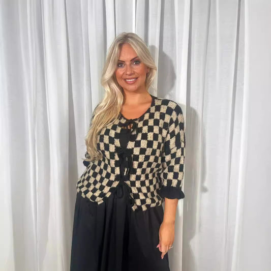 Plaid Checker Colorblock Print Bowknot Design Women's 1/2 Sleeve Sweater