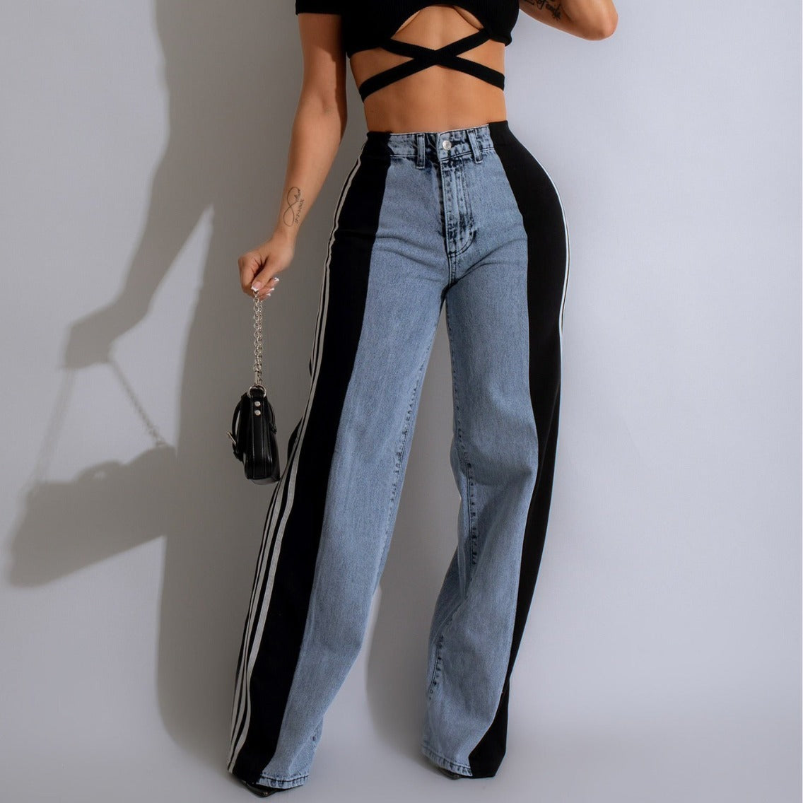 Side Striped Women's Colorblock Denim Patchwork Wide Leg Streetwear Jeans