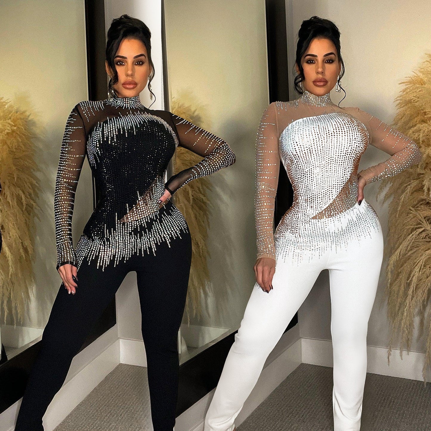 Black/Silver Metallic Mesh Sheer Rhinestone Long Sleeve Diagnol Hem Women's Formal Party Jumpsuit