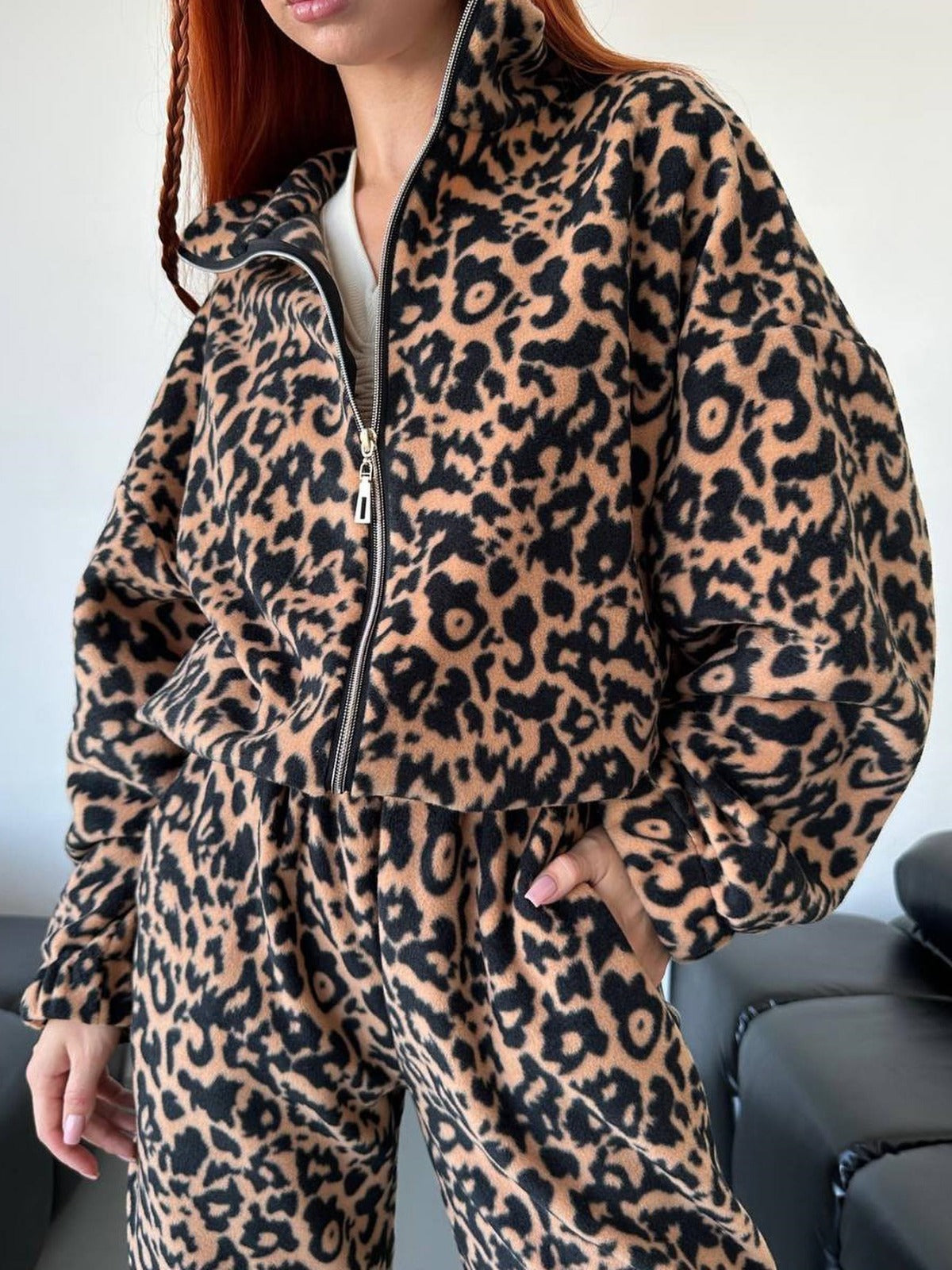 Leopard Print Long Sleeve Women's Zipper Sports Jacket + Matching Sweatpants Tracksuit Suit