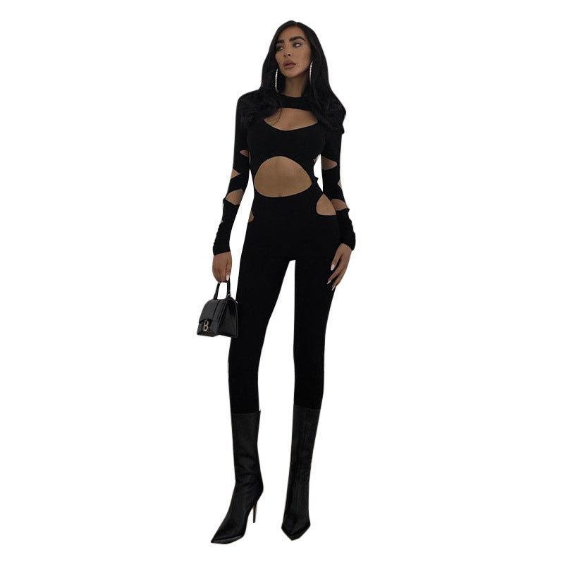 Black Hollow-Out Ripped Long Sleeve Women's Jumpsuit