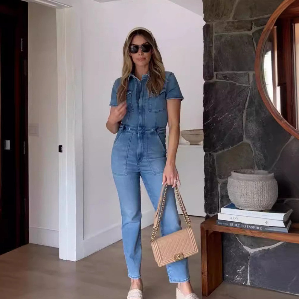 Denim Short Sleeve Women's Zipper Cargo Skinny Jumpsuit to 3X Plus Size