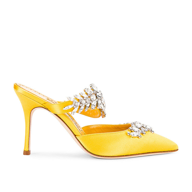 French Crystal Butterfly Rhinestone Strap Pointed Toe Stiletto Heel Mule Pumps