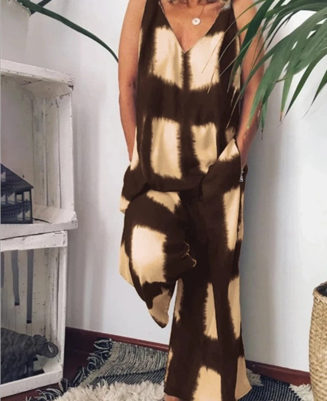 Sleeveless Colorblock Geometric Print Cotton Hemp V-Neck Pocketed Women's Jumpsuit to 3X Plus Size