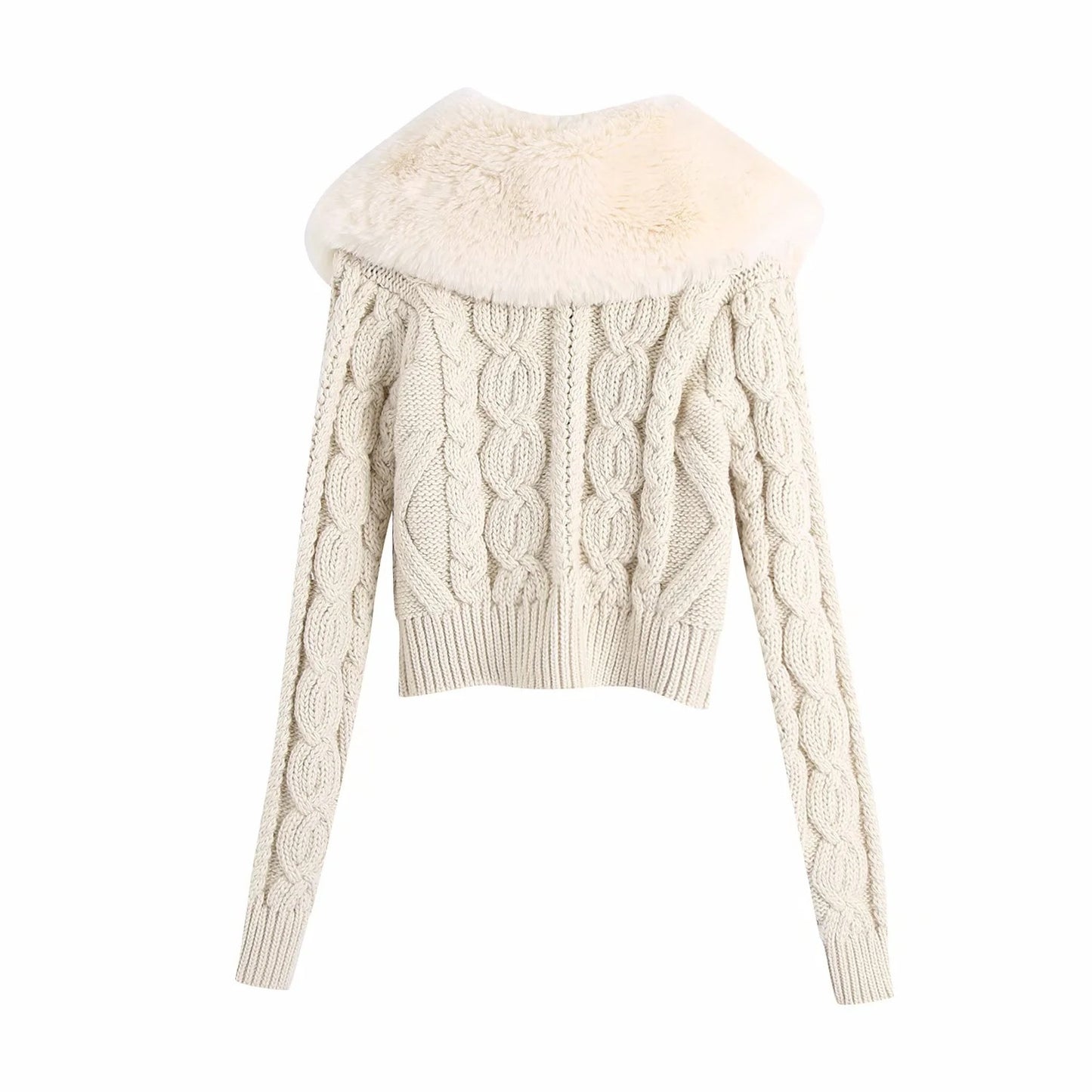 Weave Faux Fur Collar Knitted Long Sleeve Women's Button-Up Short Cardigan Sweater