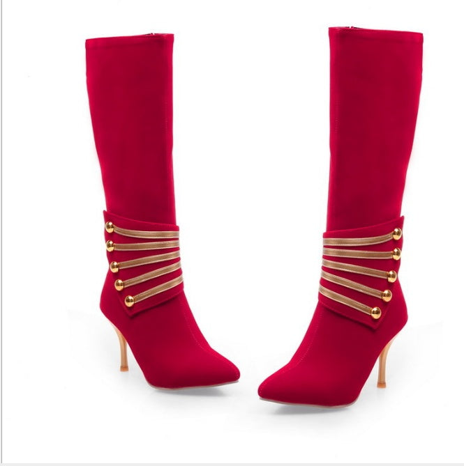 Stud Gold Strap Design Pointed Toe Side Zipper Women's Knee-High Boots