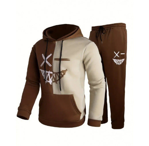 Men's Colorblock Hip-Hop Emoji Print Pocketed Long Sleeve Hoodie Sweatshirt + Drawstring Sweatpants Tracksuit to 6X Big & Tall