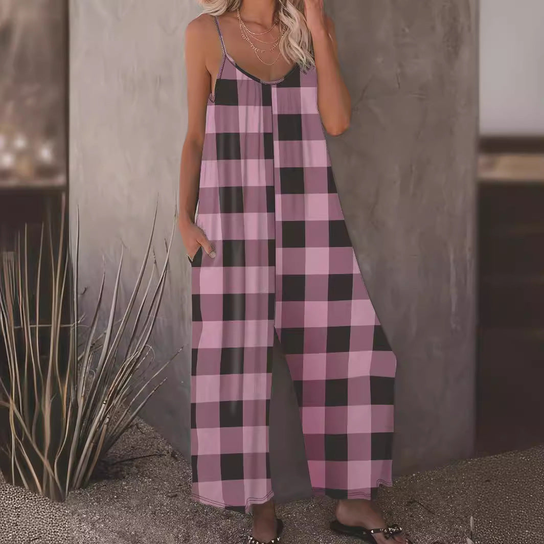 Checker Plaid Colorblock Women's Sling Spaghetti Strap Wide Leg Jumpsuit to 5X Plus Size