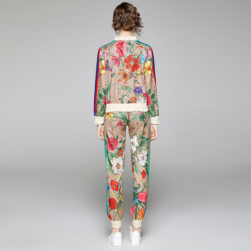 Designer Floral Monogram Side Striped Print O-Neck Zipper Bomber Jackets + Sweatpants Women's Tracksuit