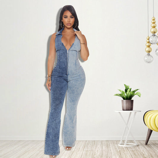 Denim Washed 2-Tone Colorblock Women's Sleeveless Turn-Down Collar Zipper Jean Jumpsuit to 5X Plus Size