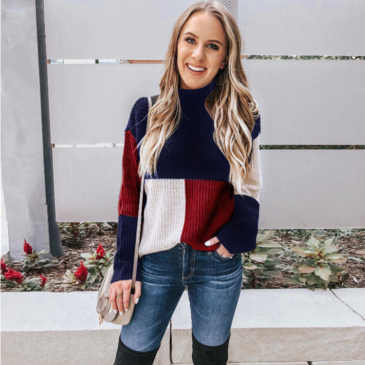 Colorblock Ribbed Women's Long Sleeve Pullover O-Neck Sweater