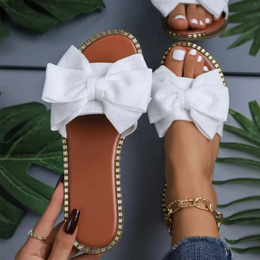 Rhinestone Bowknot Women's Cloth Flat Sandals