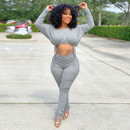 Ruched Women's Long Sleeve Midrift Crop Top + Drawstring Stacked Leggings Set