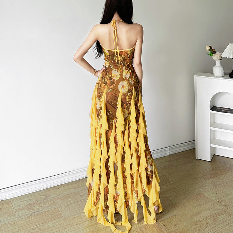 Yellow Tassel Fringe Ruffled Design Halter Deep V-Neck Sleeveless Maxi Dress