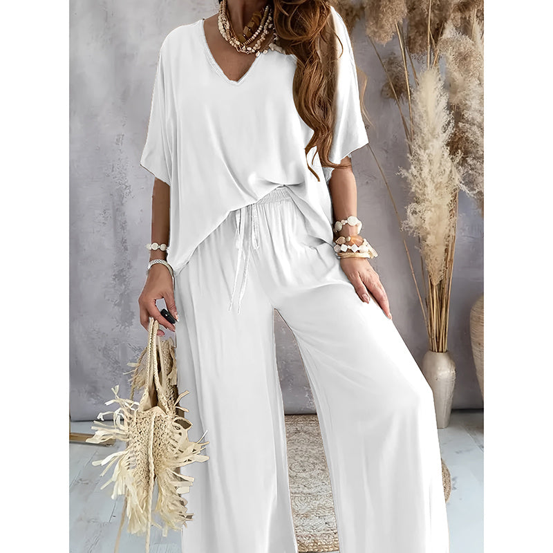 Solid Color V-Neck Half Sleeve Women's T-Shirt + Wide Leg Pants 2-Piece Set