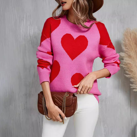 Colorblock Big Heart Print Long Sleeve Women's Pullover Sweater