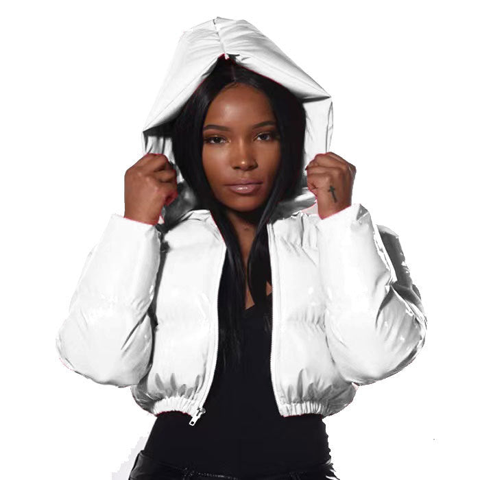 Glossy Hip-Hop Faux Leather Cropped Women's Down Cotton Puffer Hoodie Jacket