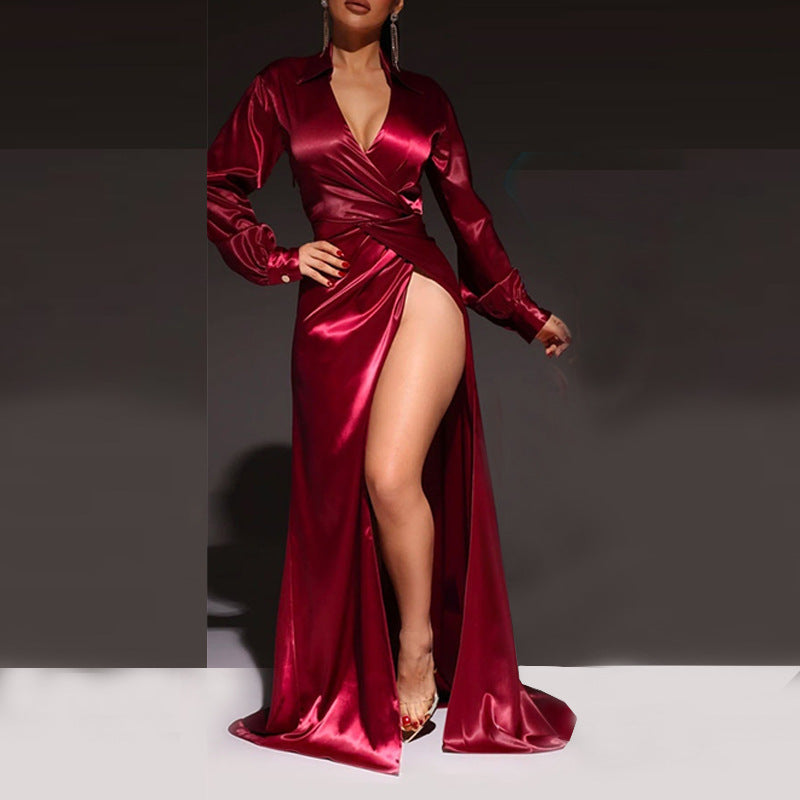 Satin Ruched Plunge V-Neck Turn-Down Long Sleeve High Slit Solid Color Formal Maxi Dress