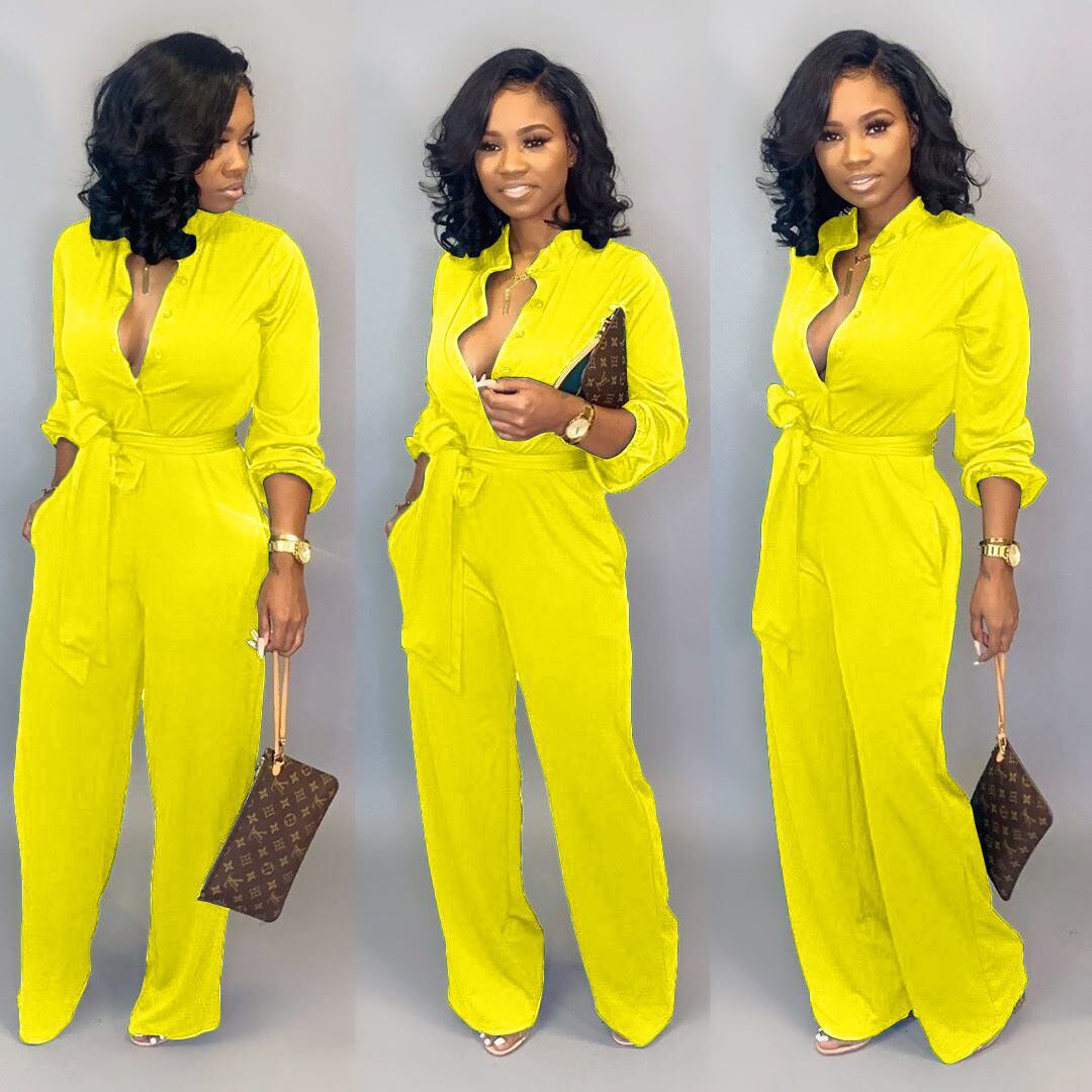 Button-Up Turn-Down Collar Women's Long Sleeve Solid Color Jumpsuit