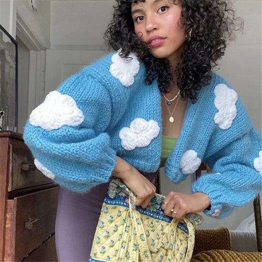 Handmade Crochet Flower/Cloud/Strawberry Women's Jacquard Embroidered Cardigan Sweater