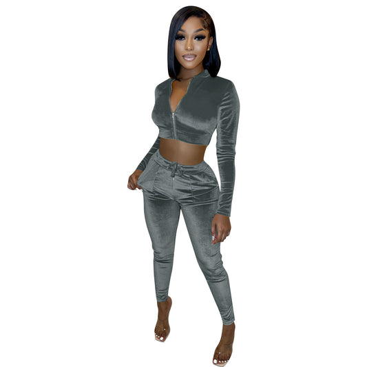 Velvet Solid Color Cropped Zipper Jacket + Drawstring Sweatpants Women's Tracksuit