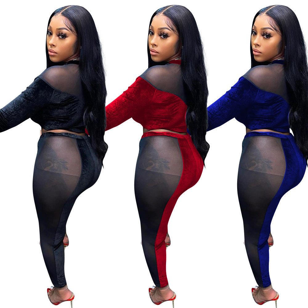 Sheer Transparent Patchwork Long Sleeve Crop Top + Colorblock Skinny Leggings Women's 2-Piece Set