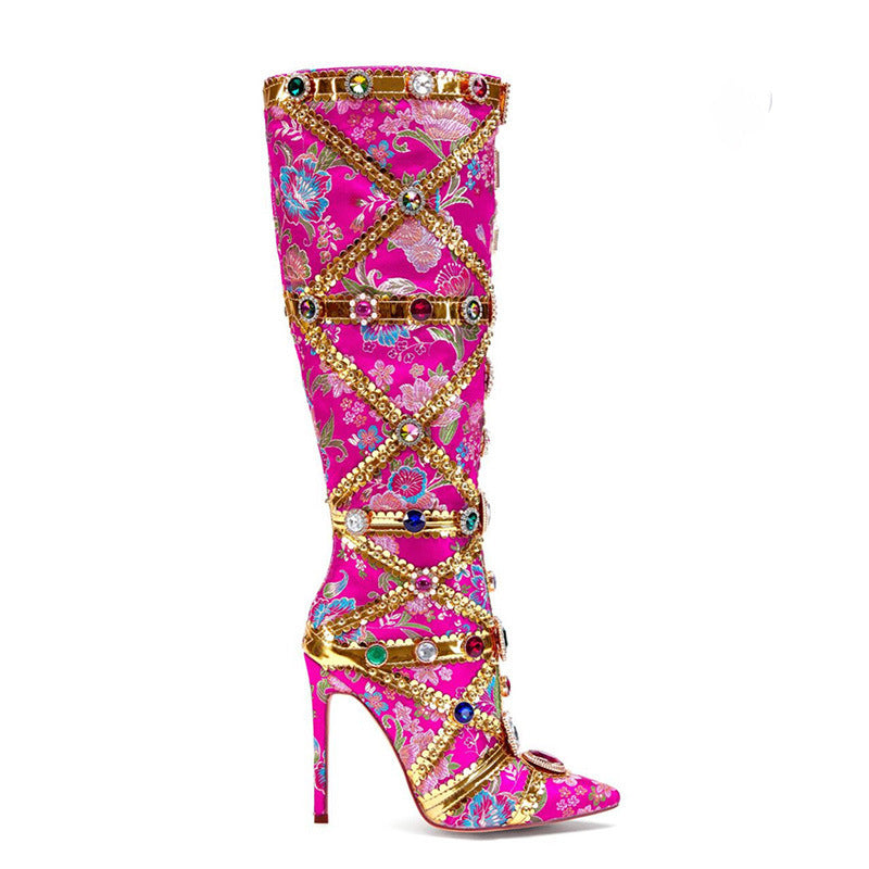 Rhinestone Metallic Floral Black-Gold/Hot Pink Stiletto Heel Knee-High Women's Gladiator Boots