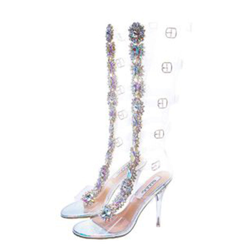 Big Rhinestone Embellished Transparent PVC Clear Heel Lace-Up Knee High Women's Boots